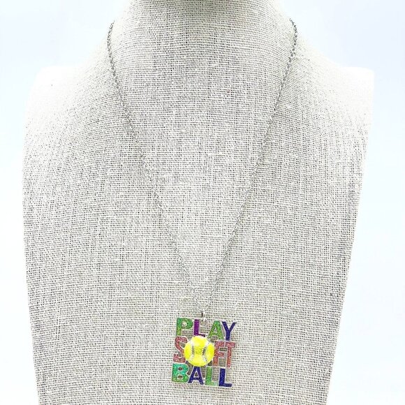 Play Softball Pendant Necklace Silver Tone Chain Glitter Letters Yellow Smiley - Picture 1 of 7